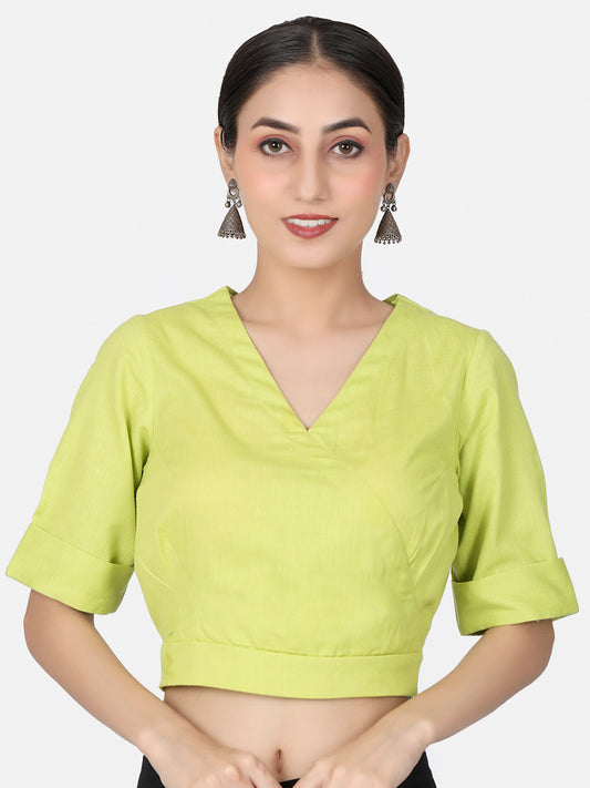 Lime Green solid Cotton Ready To Wear Saree Blouse