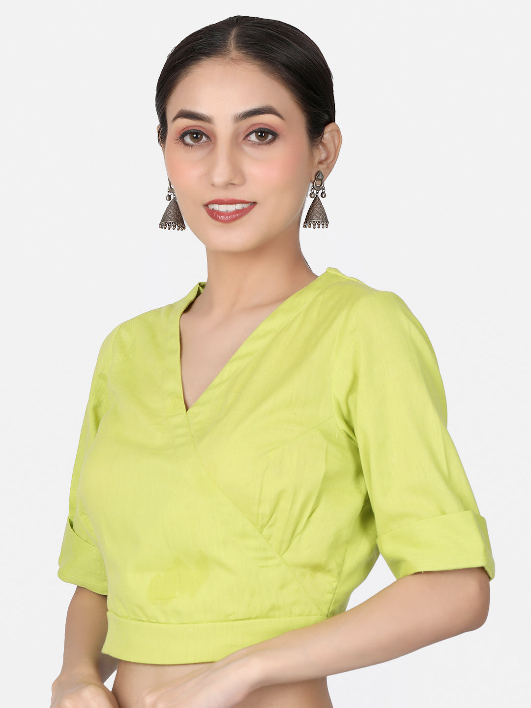 Lime Green solid Cotton Ready To Wear Saree Blouse