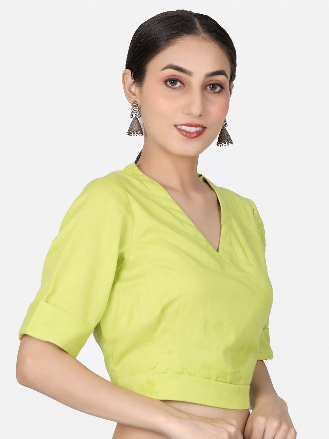 Lime Green solid Cotton Ready To Wear Saree Blouse