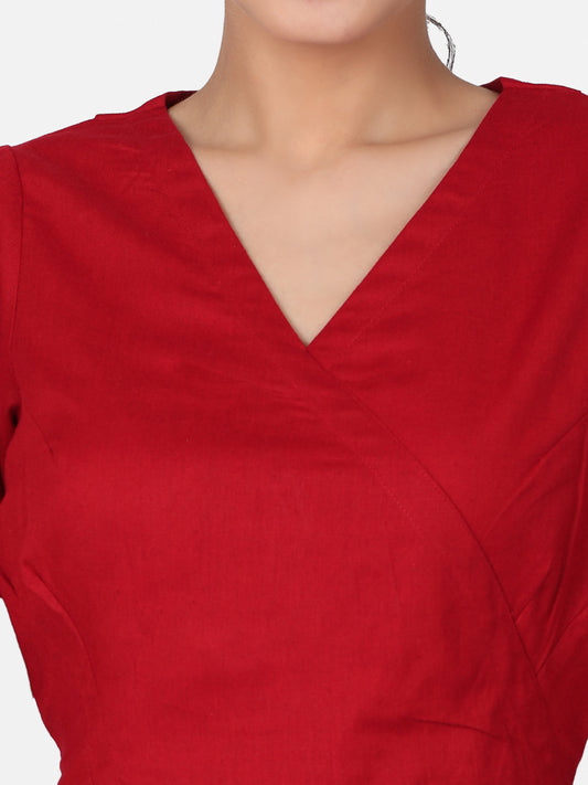 Women  Red solid Cotton Ready To Wear Non Padded Saree Blouse