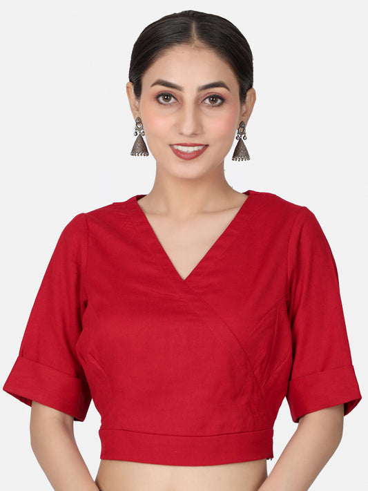 Women  Red solid Cotton Ready To Wear Non Padded Saree Blouse