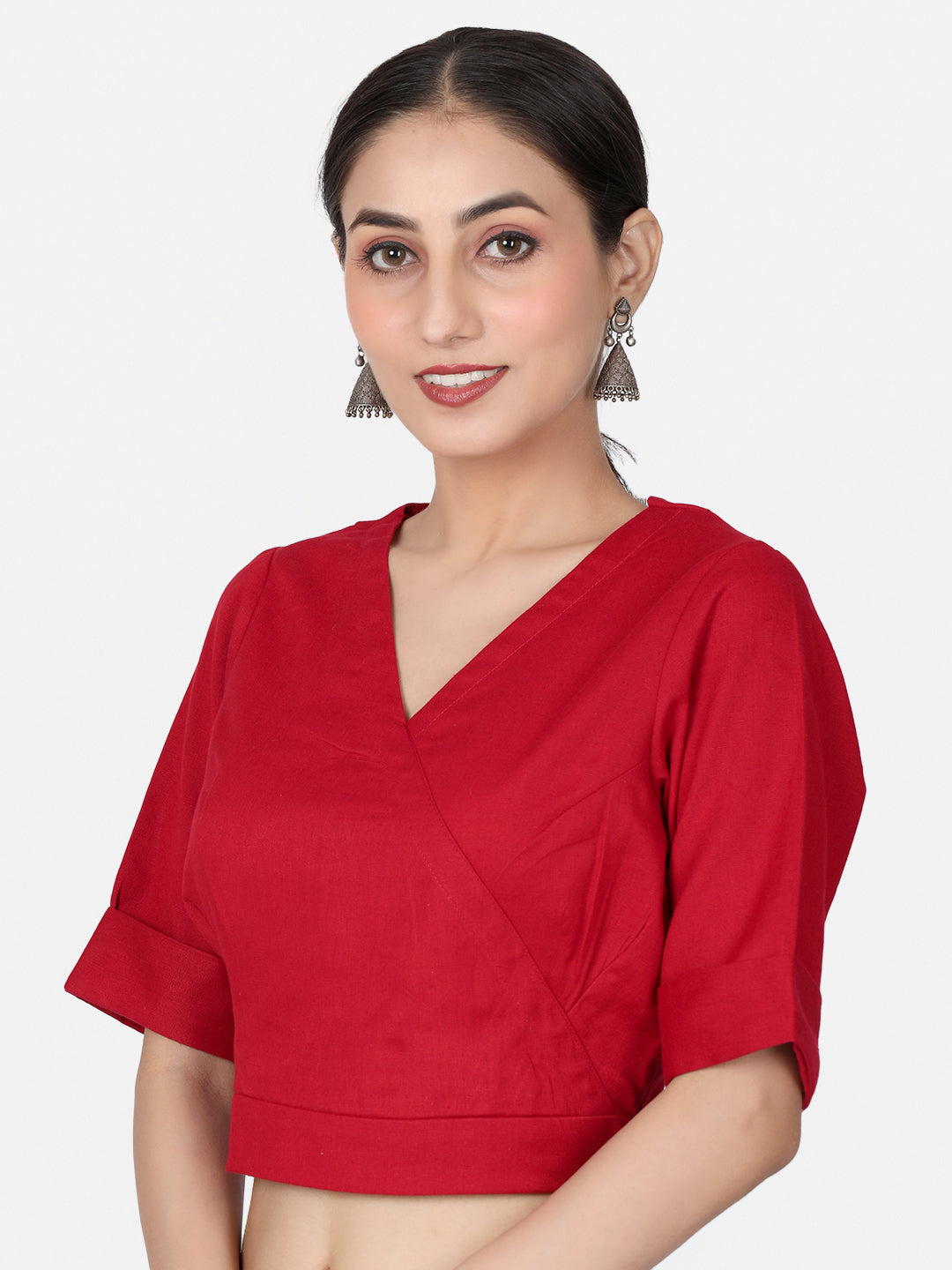 Women  Red solid Cotton Ready To Wear Non Padded Saree Blouse