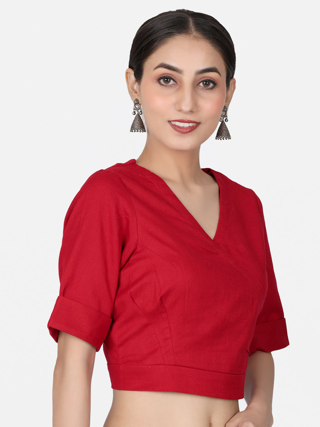 Women  Red solid Cotton Ready To Wear Non Padded Saree Blouse