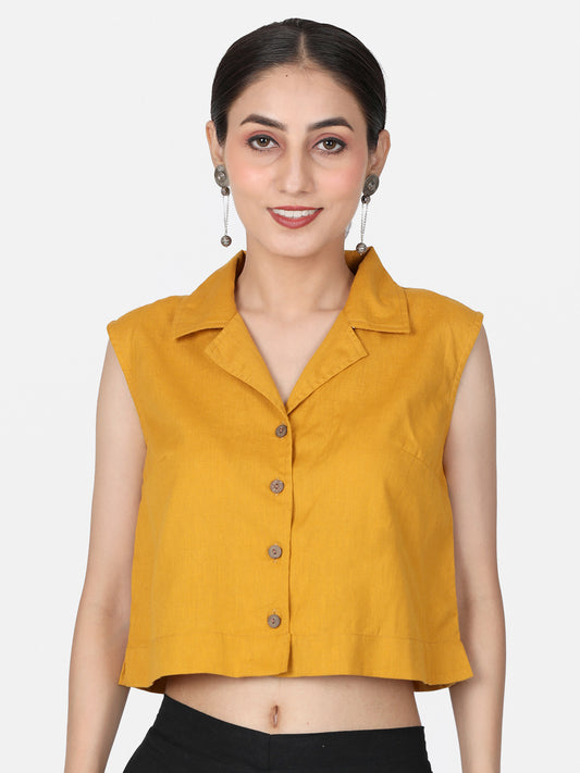 Mustard Solid Cotton Ready To Wear Saree Blouse