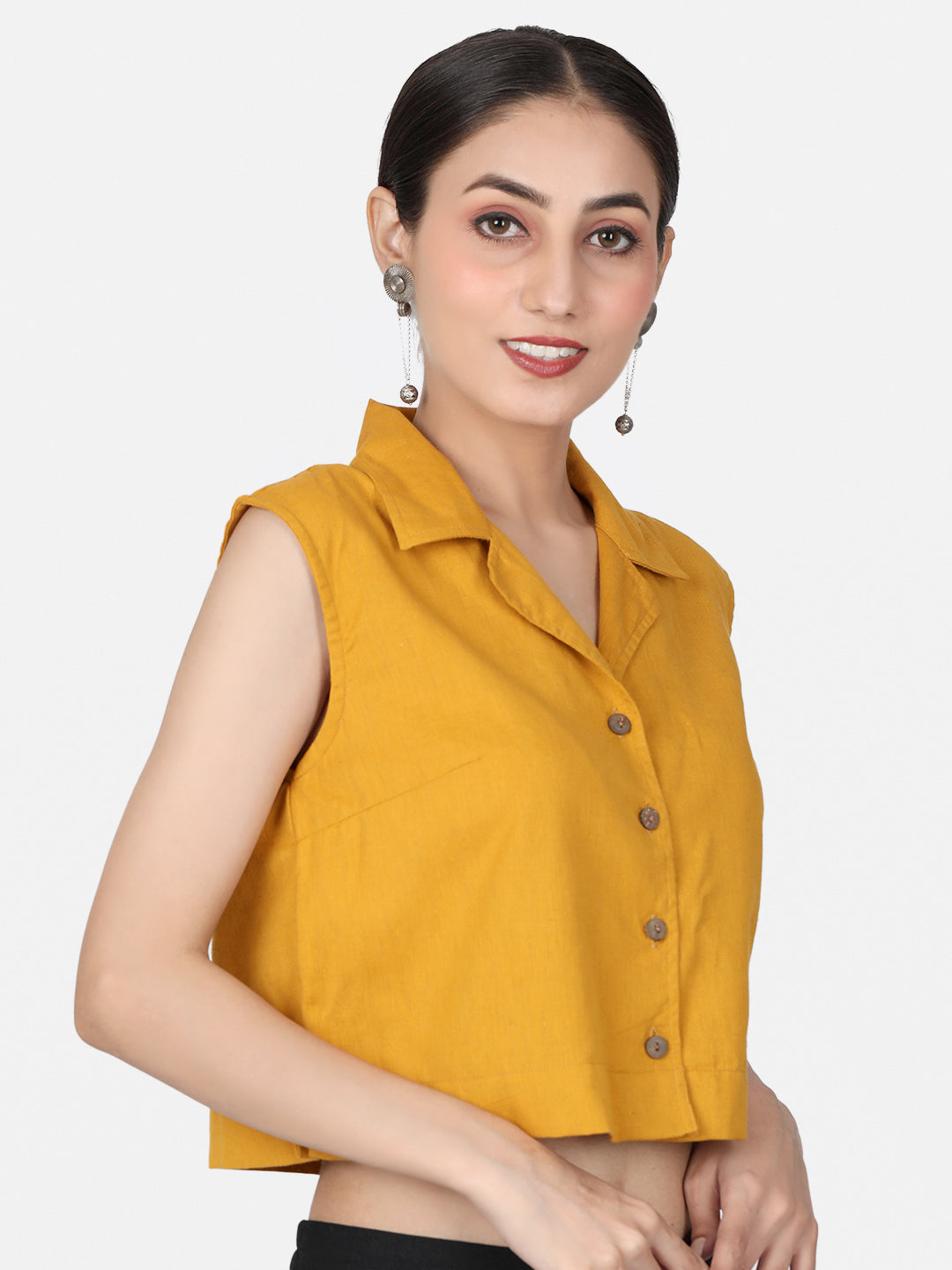 Mustard Solid Cotton Ready To Wear Saree Blouse