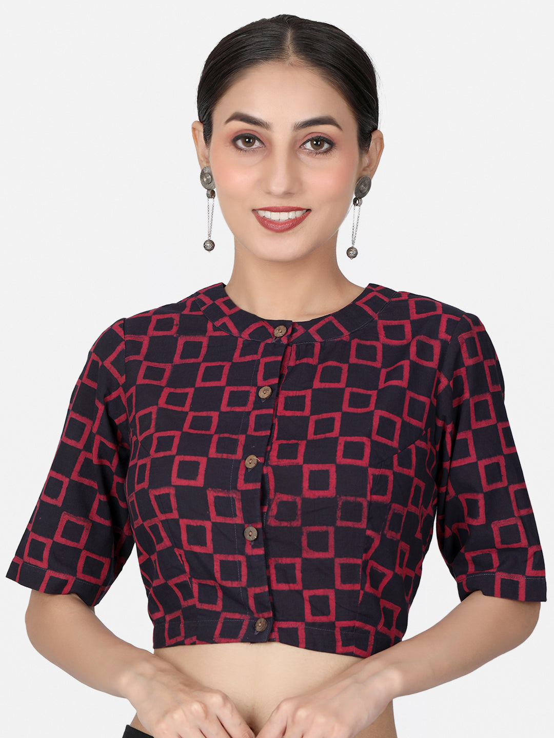 Maroon Block Printed Cotton Ready To Wear Saree Blouse