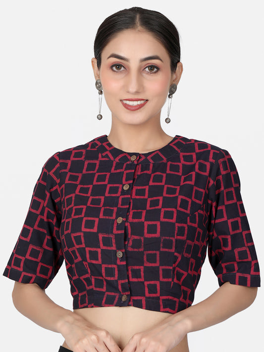 Maroon Block Printed Cotton Ready To Wear Saree Blouse