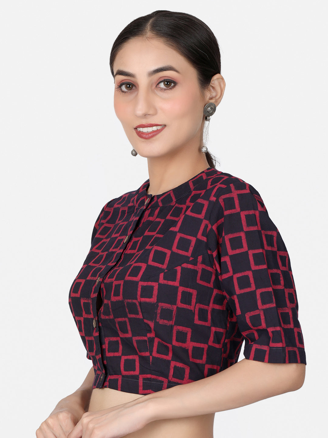 Maroon Block Printed Cotton Ready To Wear Saree Blouse