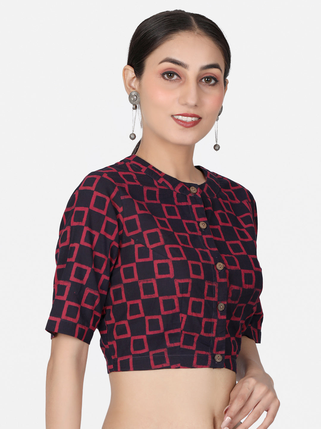 Maroon Block Printed Cotton Ready To Wear Saree Blouse