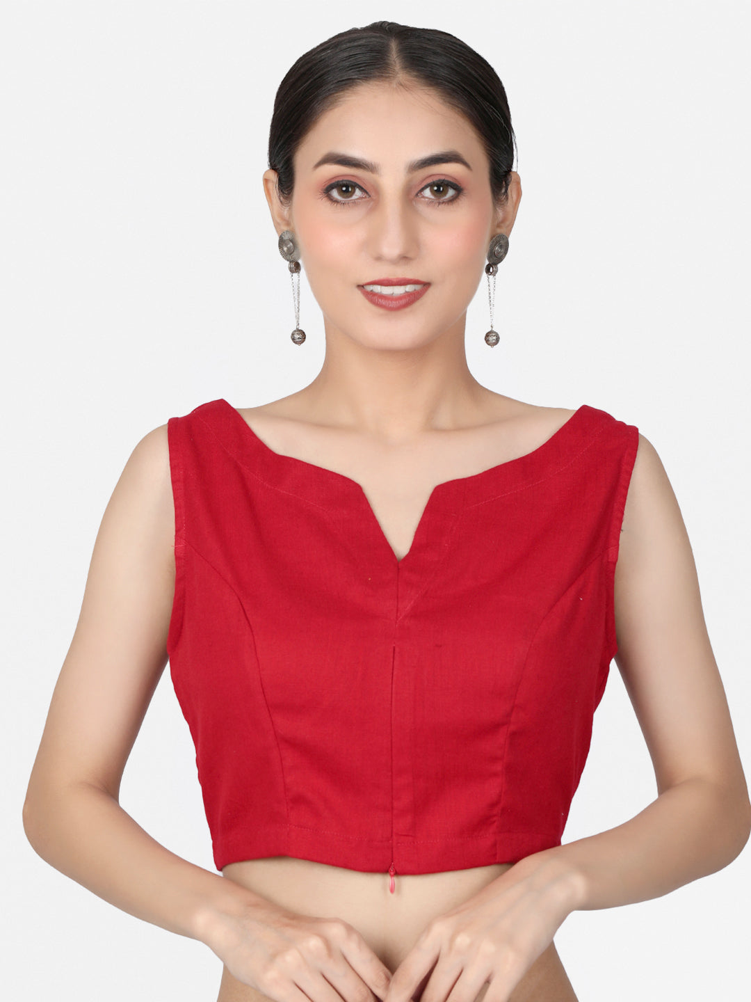 Red Solid Cotton Ready To Wear Saree Blouse