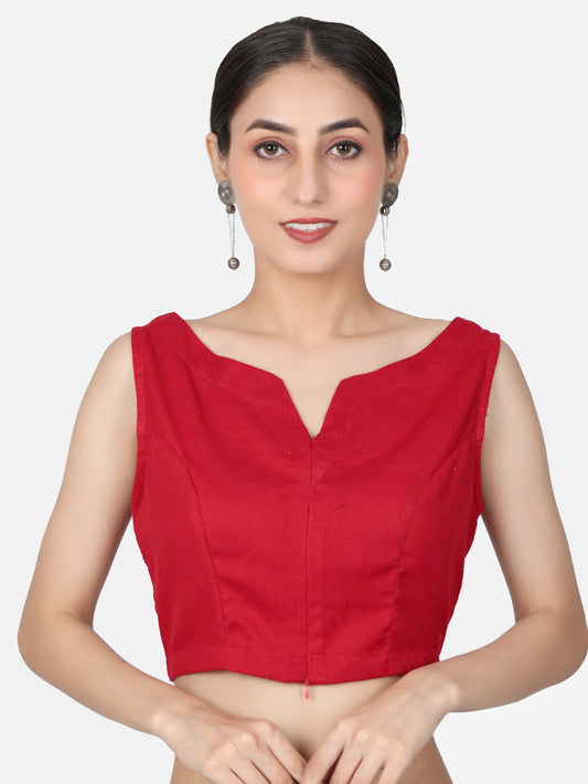 Red Solid Cotton Ready To Wear Saree Blouse