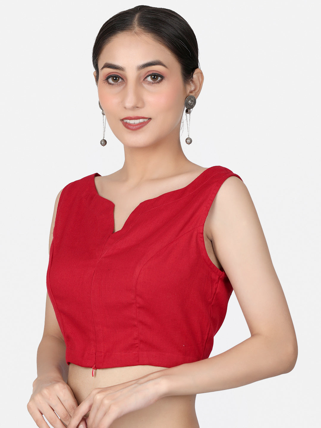 Red Solid Cotton Ready To Wear Saree Blouse