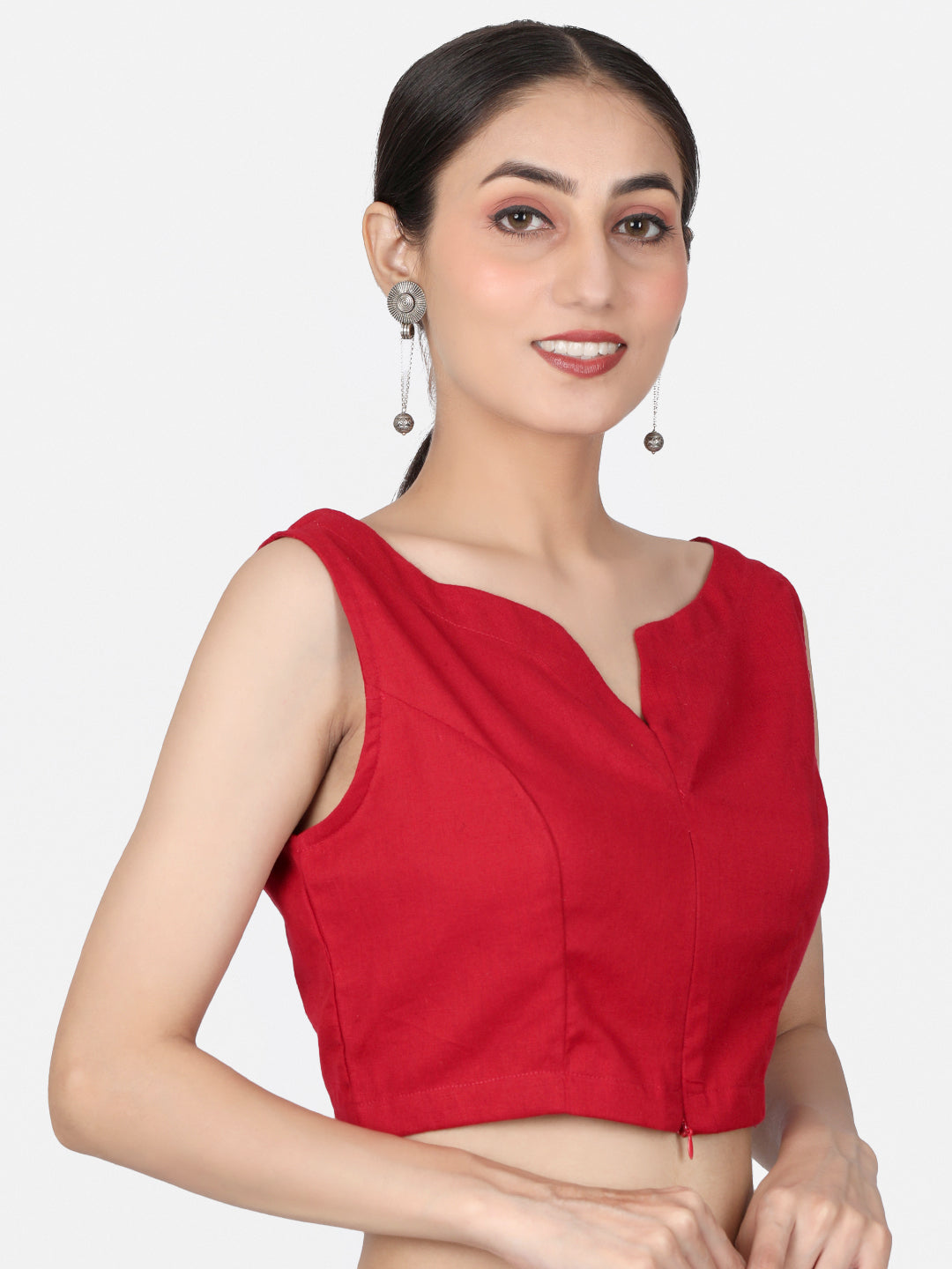 Red Solid Cotton Ready To Wear Saree Blouse