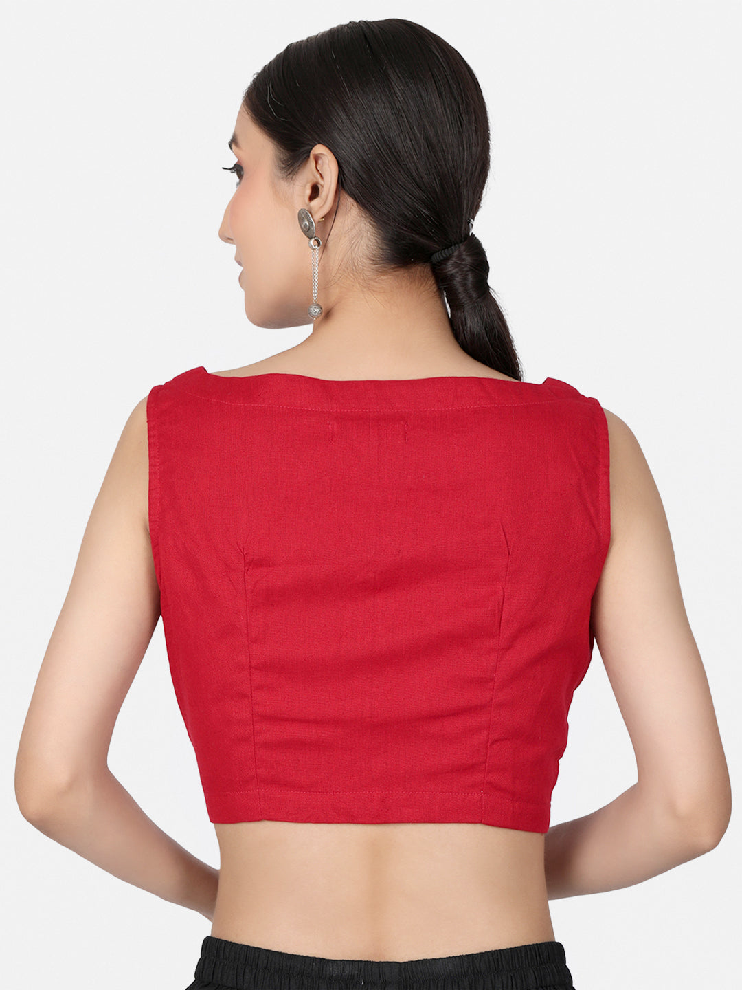 Red Solid Cotton Ready To Wear Saree Blouse