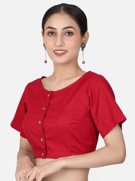 Red Solid Cotton Ready To Wear Saree Blouse
