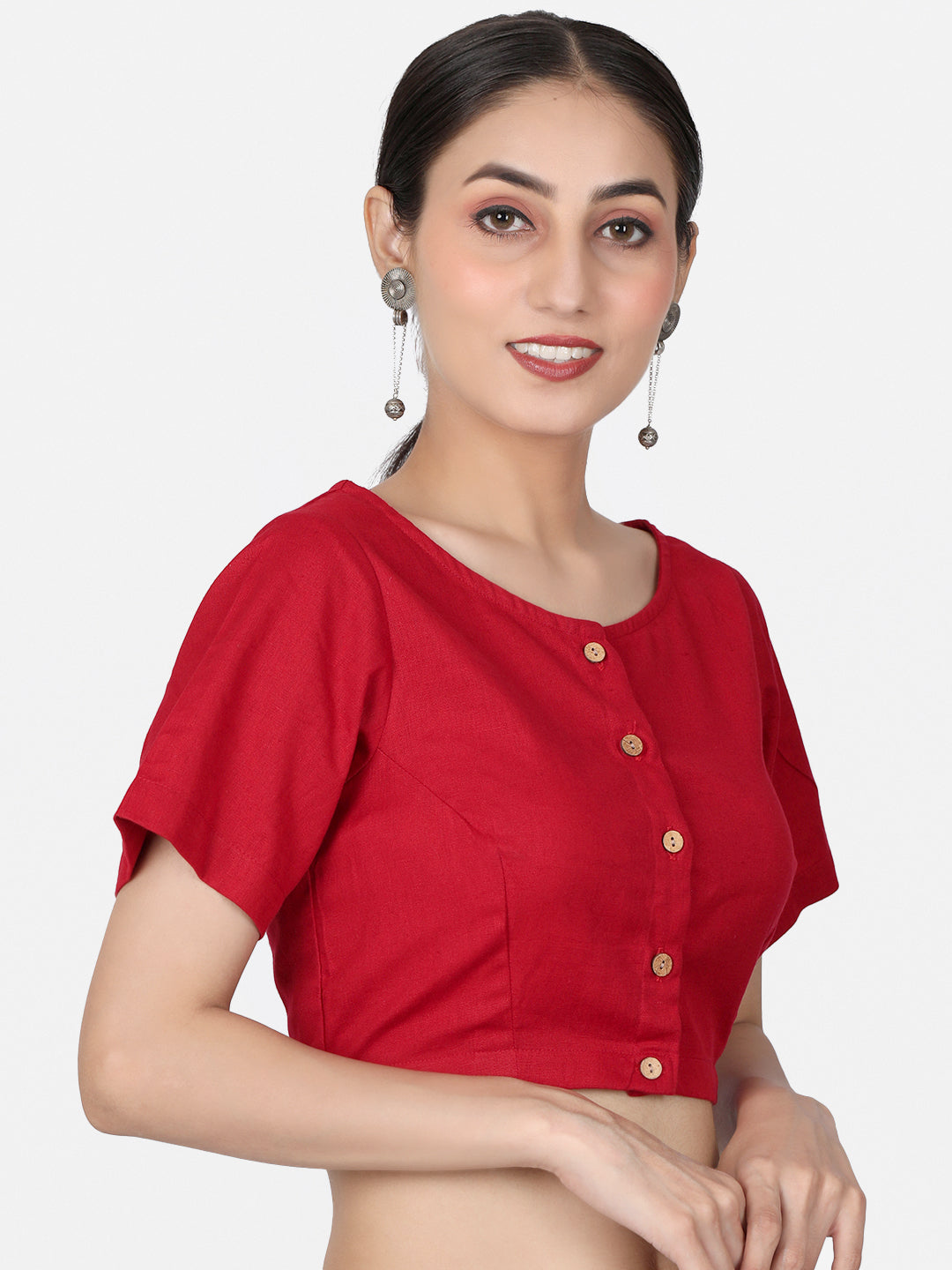 Red Solid Cotton Ready To Wear Saree Blouse