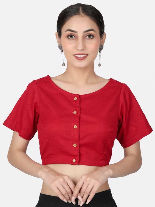 Red Solid Cotton Ready To Wear Saree Blouse