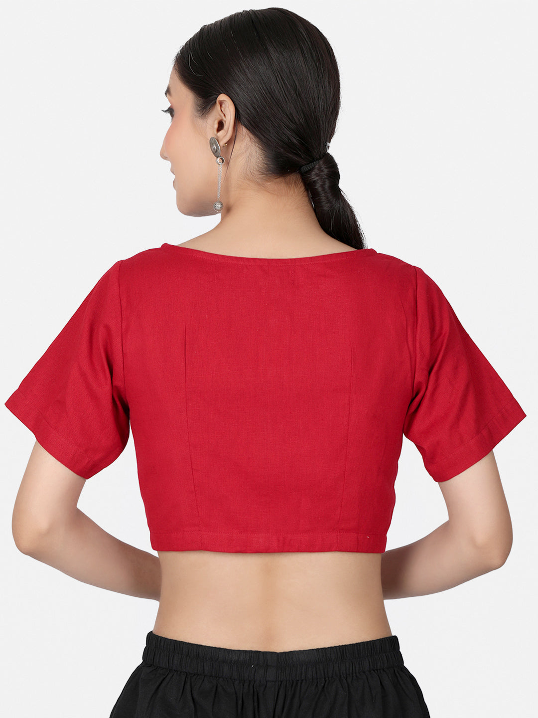 Red Solid Cotton Ready To Wear Saree Blouse