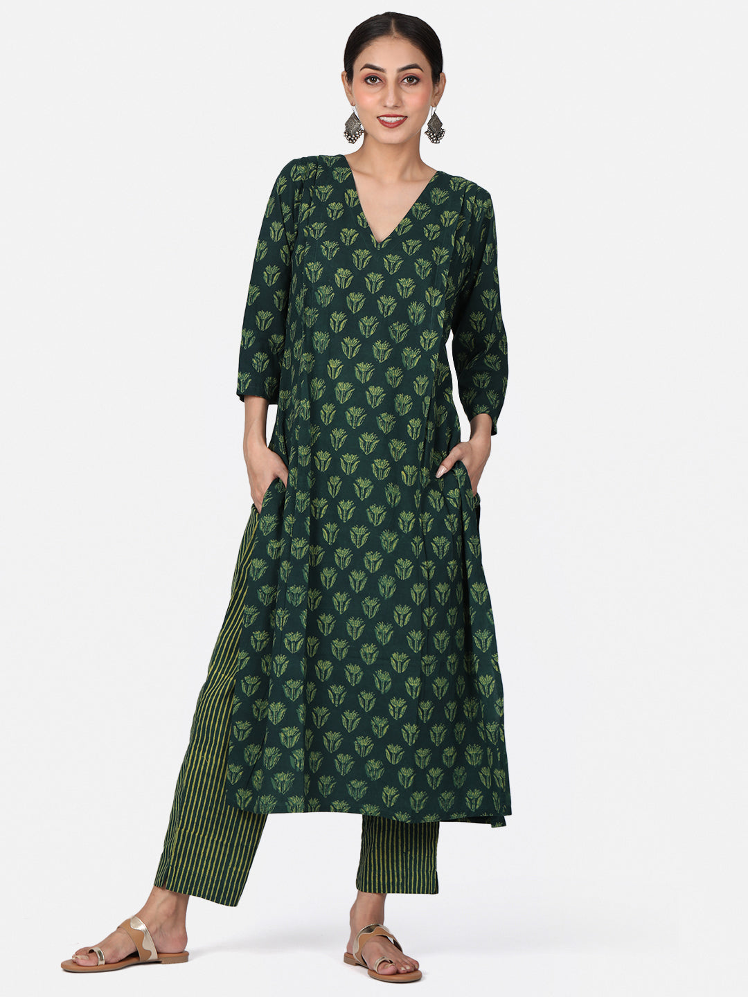 Green Long Hand Block Printed Kurta