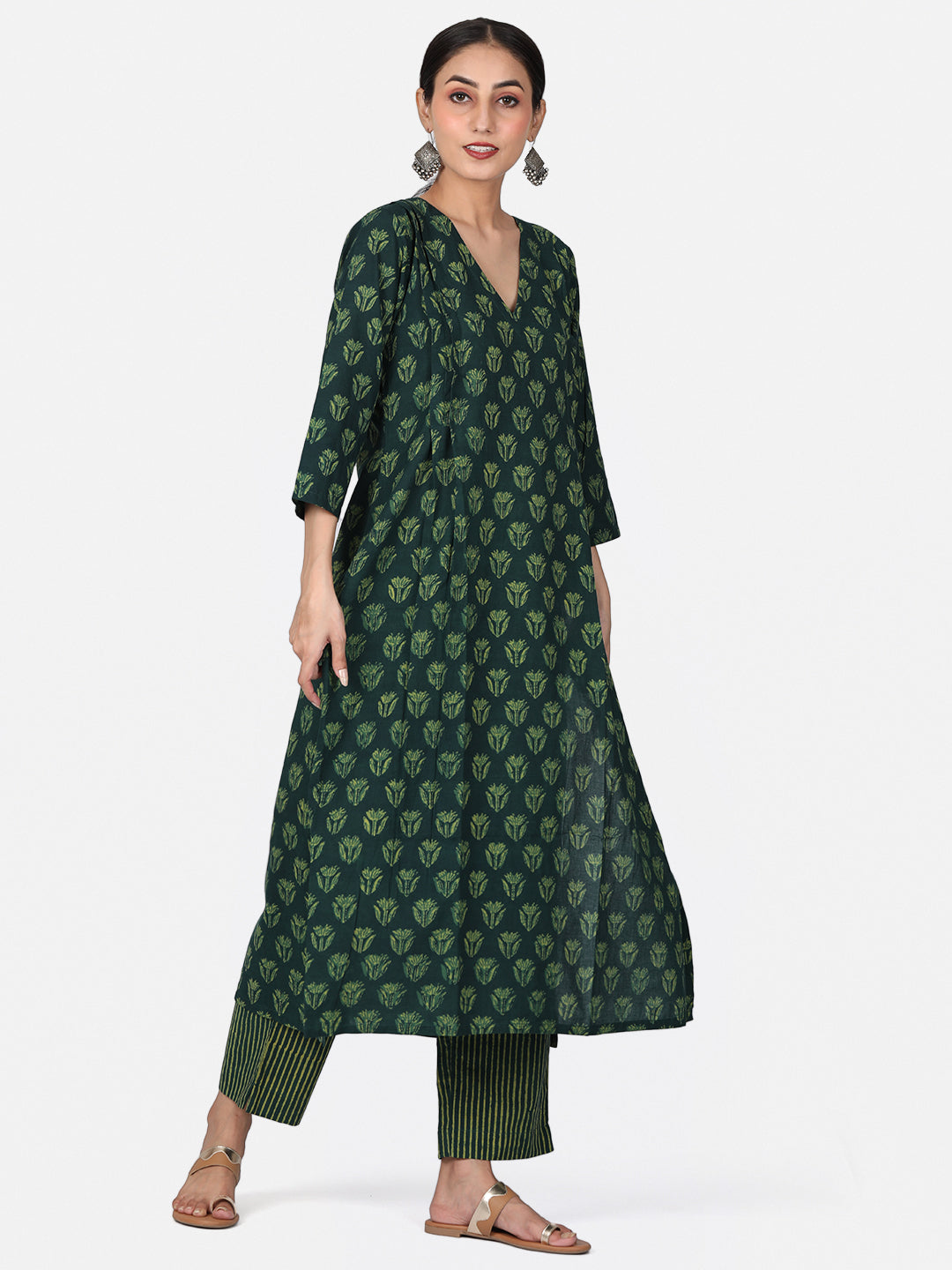 Green Long Hand Block Printed Kurta