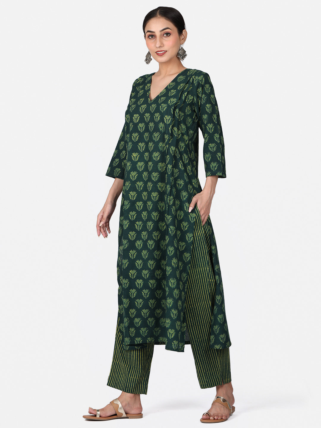 Green Long Hand Block Printed Kurta