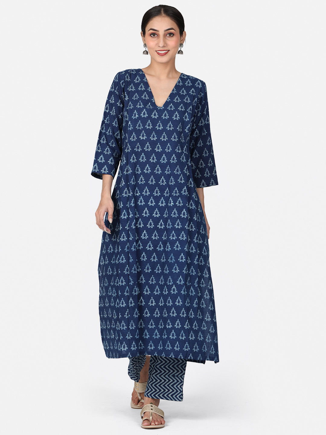 Indigo Long A-Line Cotton Handblock Kurta