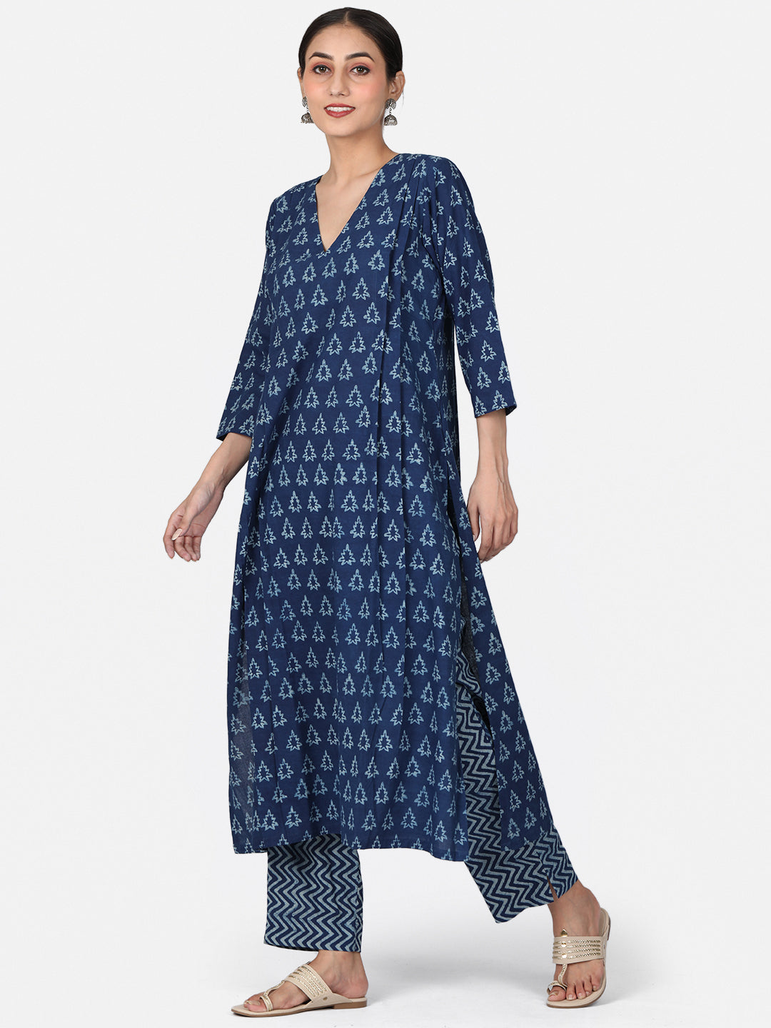 Indigo Long A-Line Cotton Handblock Kurta