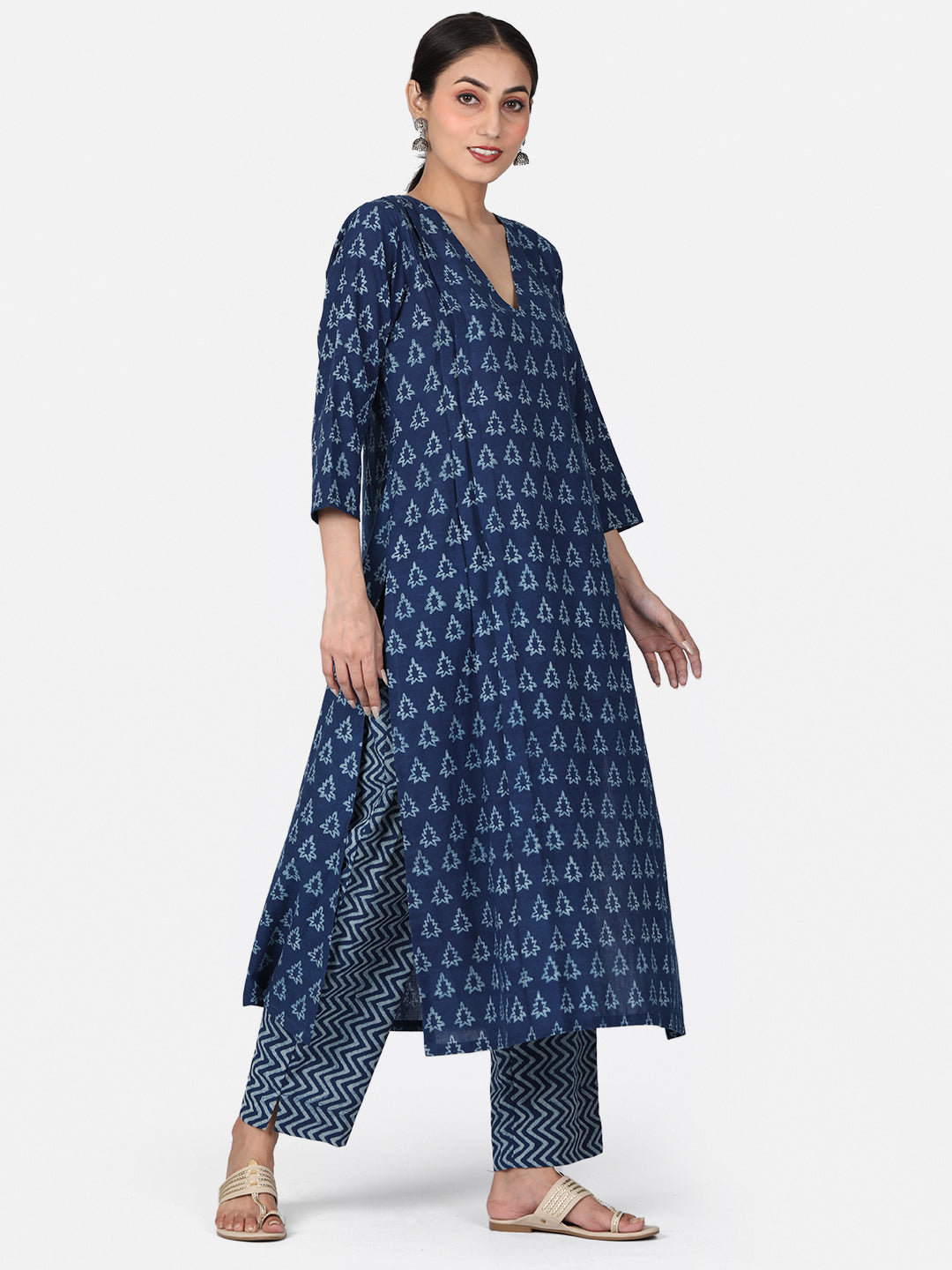 Indigo Long A-Line Cotton Handblock Kurta