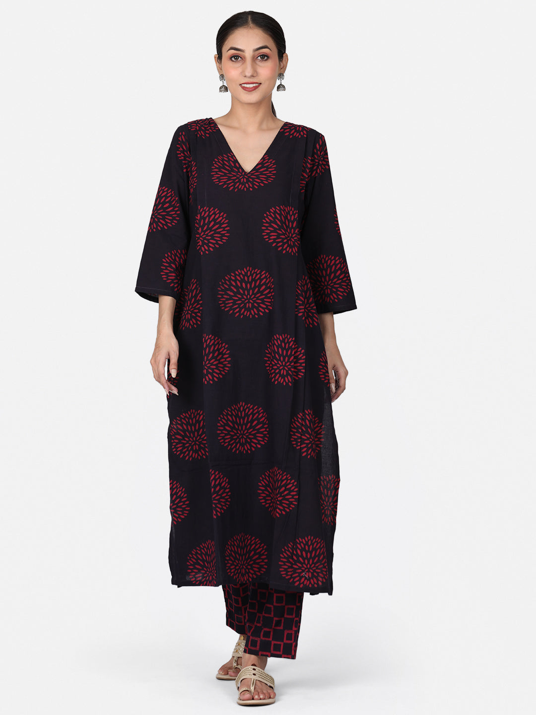 Burgundy Colour Block Printed Kurta