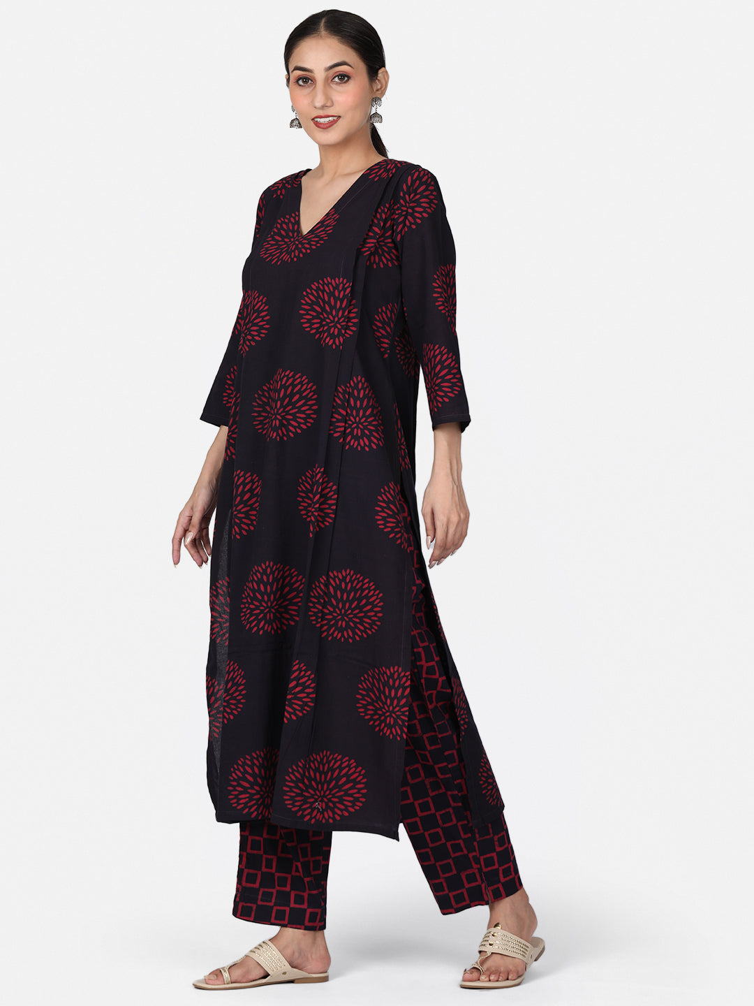 Burgundy Colour Block Printed Kurta