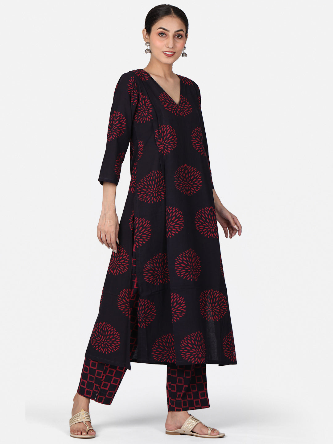 Burgundy Colour Block Printed Kurta