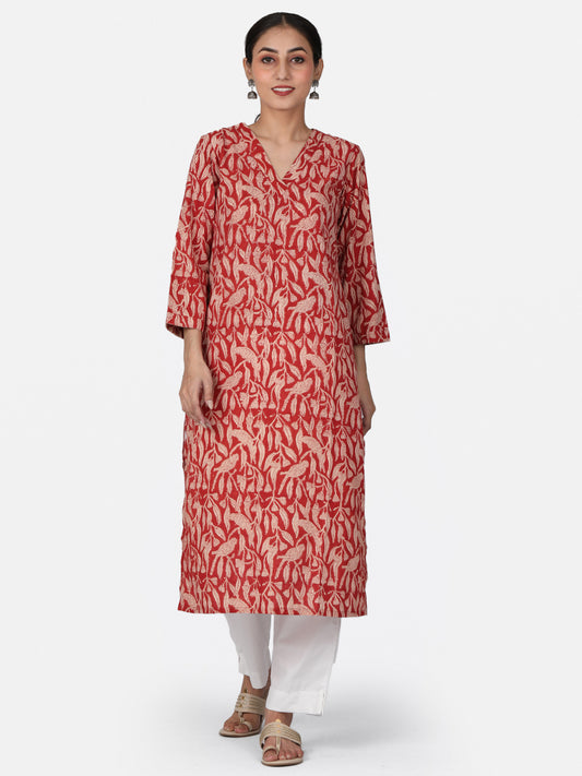 Red Bird Block Printed Kurta