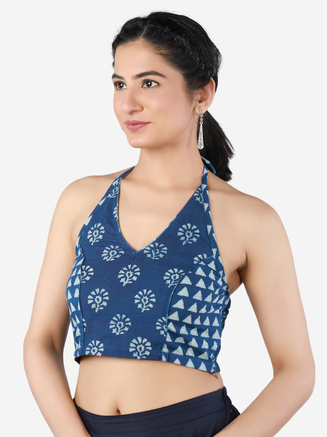 Women Blue Printed Pure Cotton Saree Blouse
