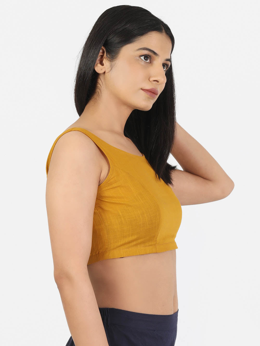 Women Mustard Non Padded Round Neck Sleeveless Blouse