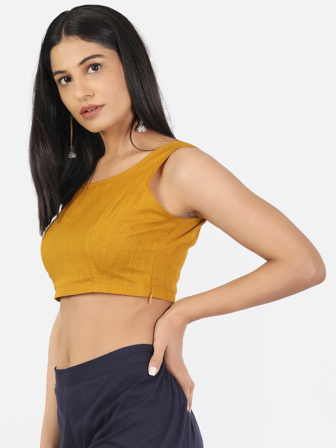 Women Mustard Non Padded Round Neck Sleeveless Blouse