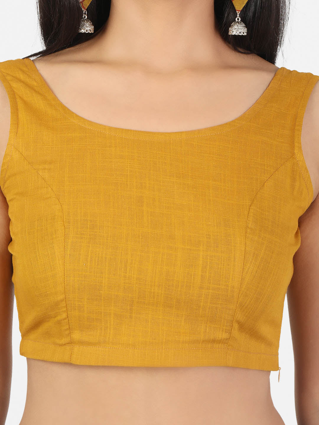Women Mustard Non Padded Round Neck Sleeveless Blouse