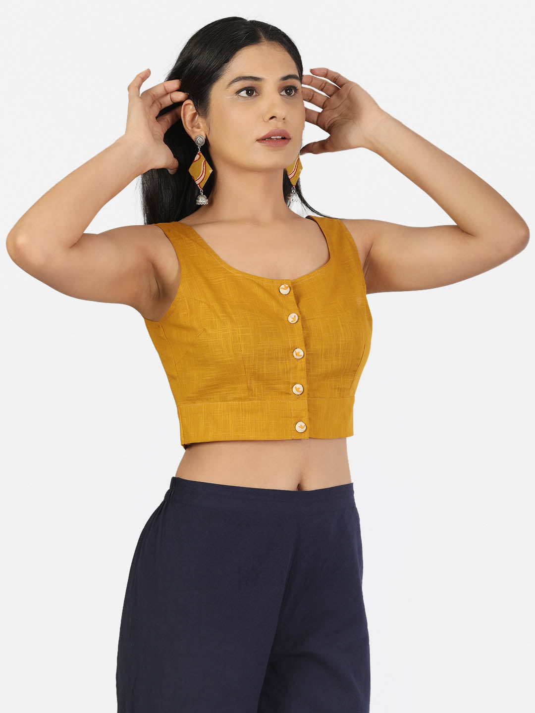 Women Mustard Non Padded front Button Round Neck Sleeveless Saree Blouse