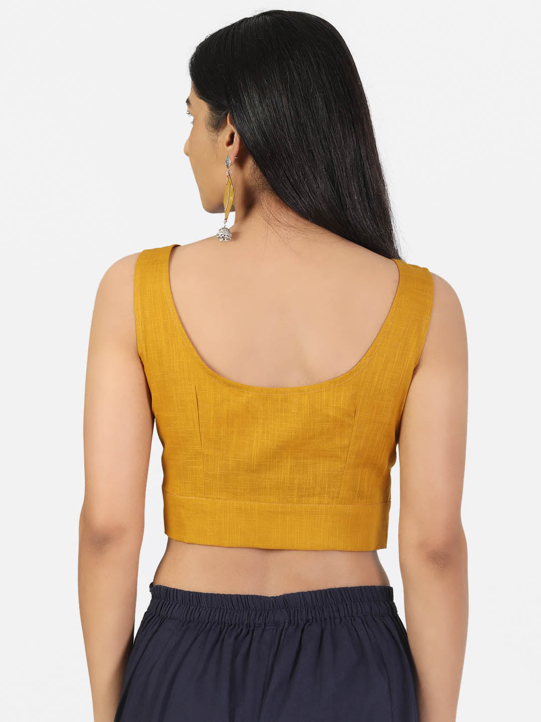 Women Mustard Non Padded front Button Round Neck Sleeveless Saree Blouse