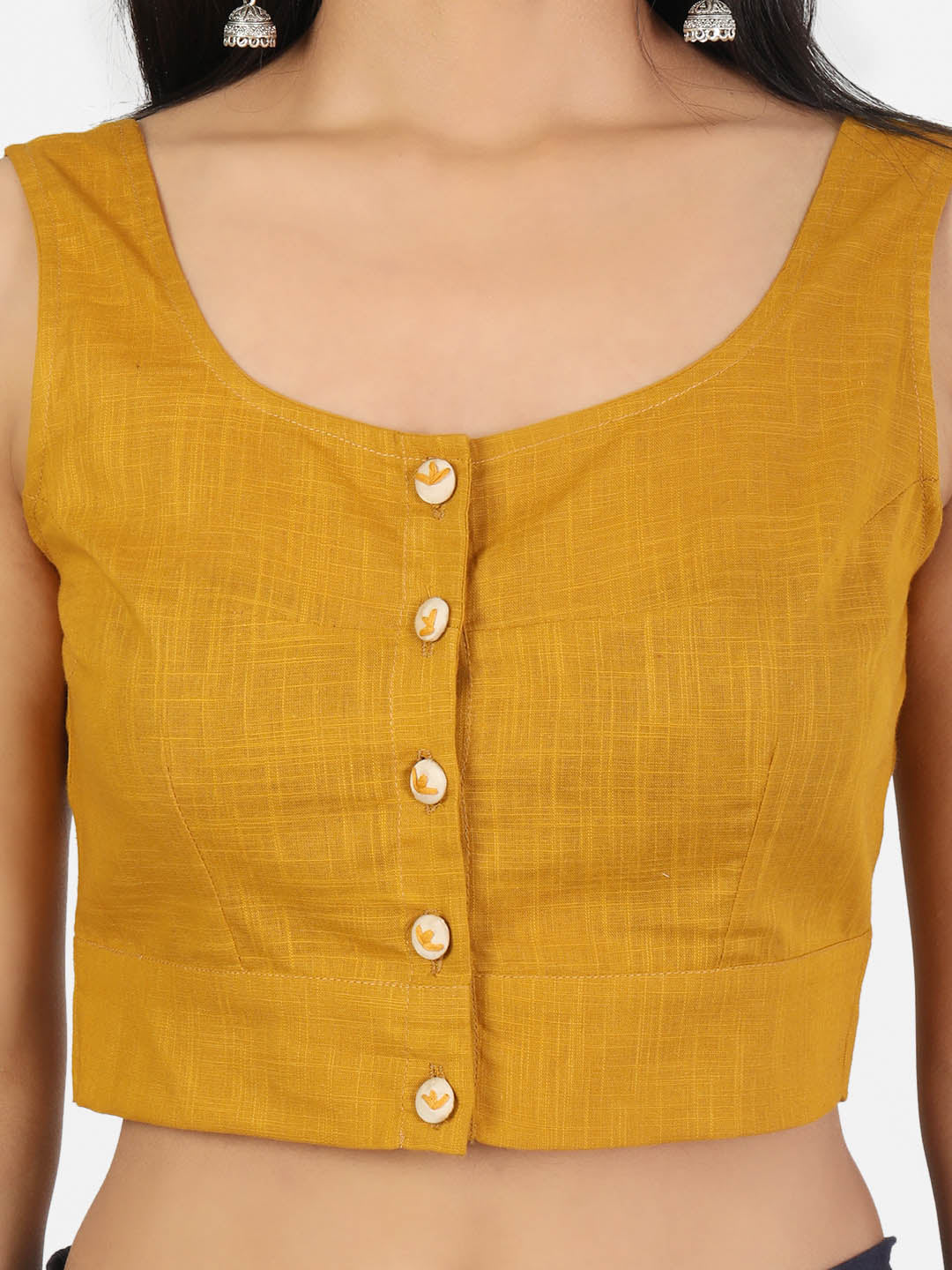 Women Mustard Non Padded front Button Round Neck Sleeveless Saree Blouse
