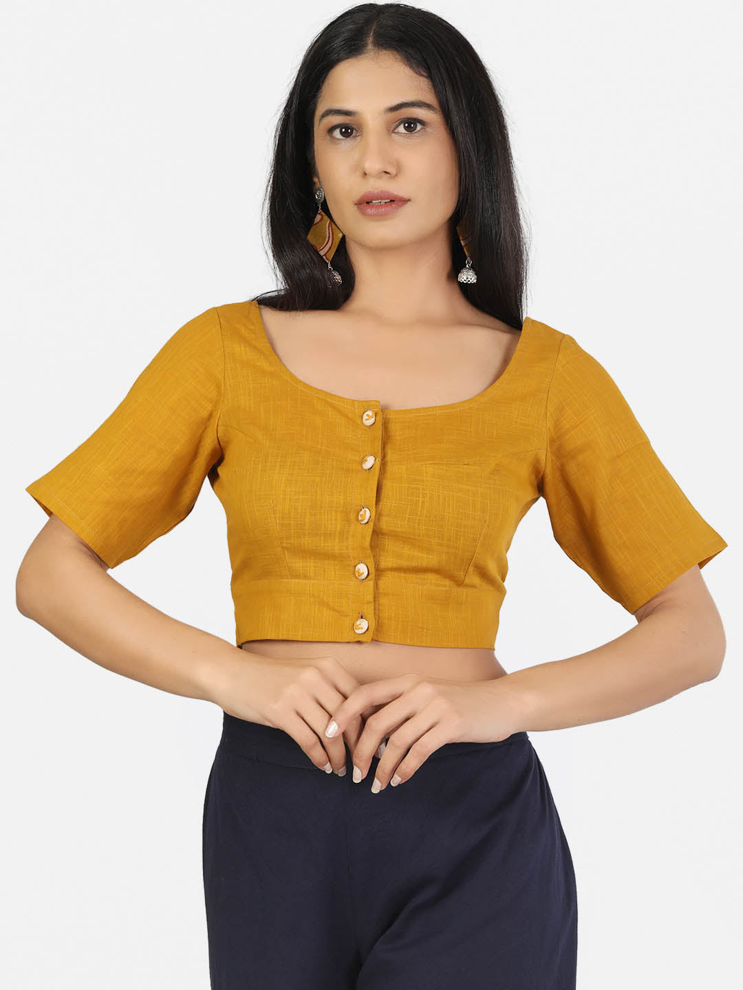 Women Solid Mustard half Sleeve Round Neck Front Button Non Padded Saree Blouse