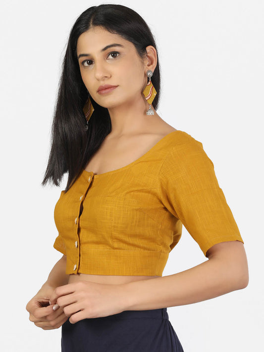 Women Solid Mustard half Sleeve Round Neck Front Button Non Padded Saree Blouse