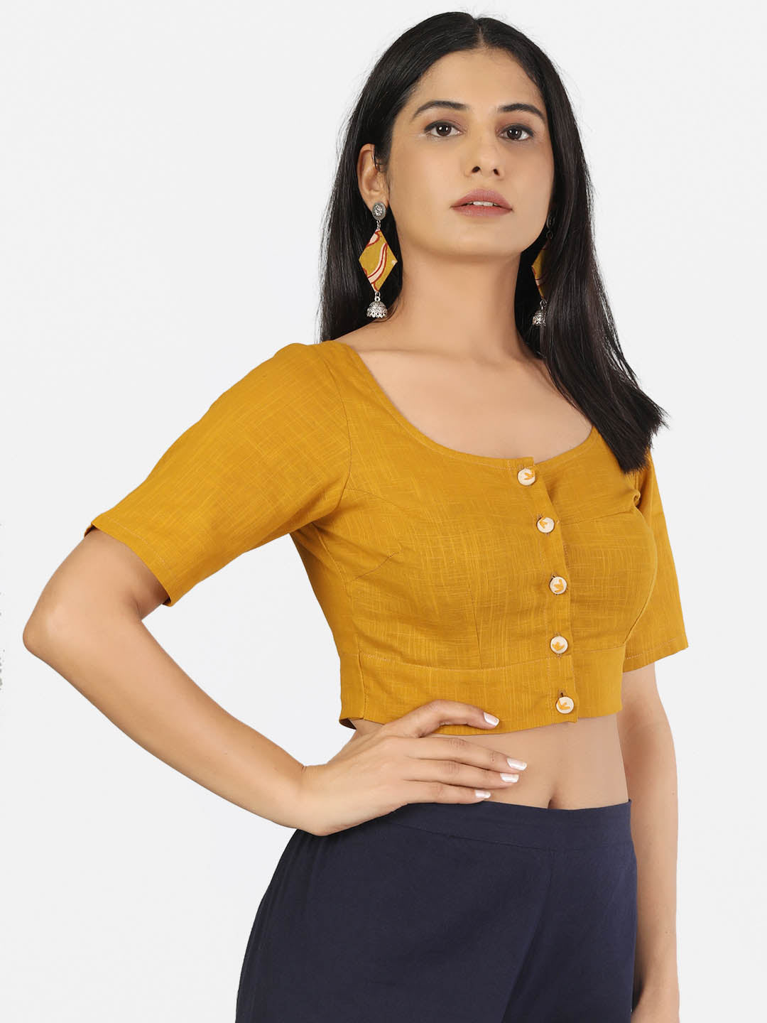 Women Solid Mustard half Sleeve Round Neck Front Button Non Padded Saree Blouse
