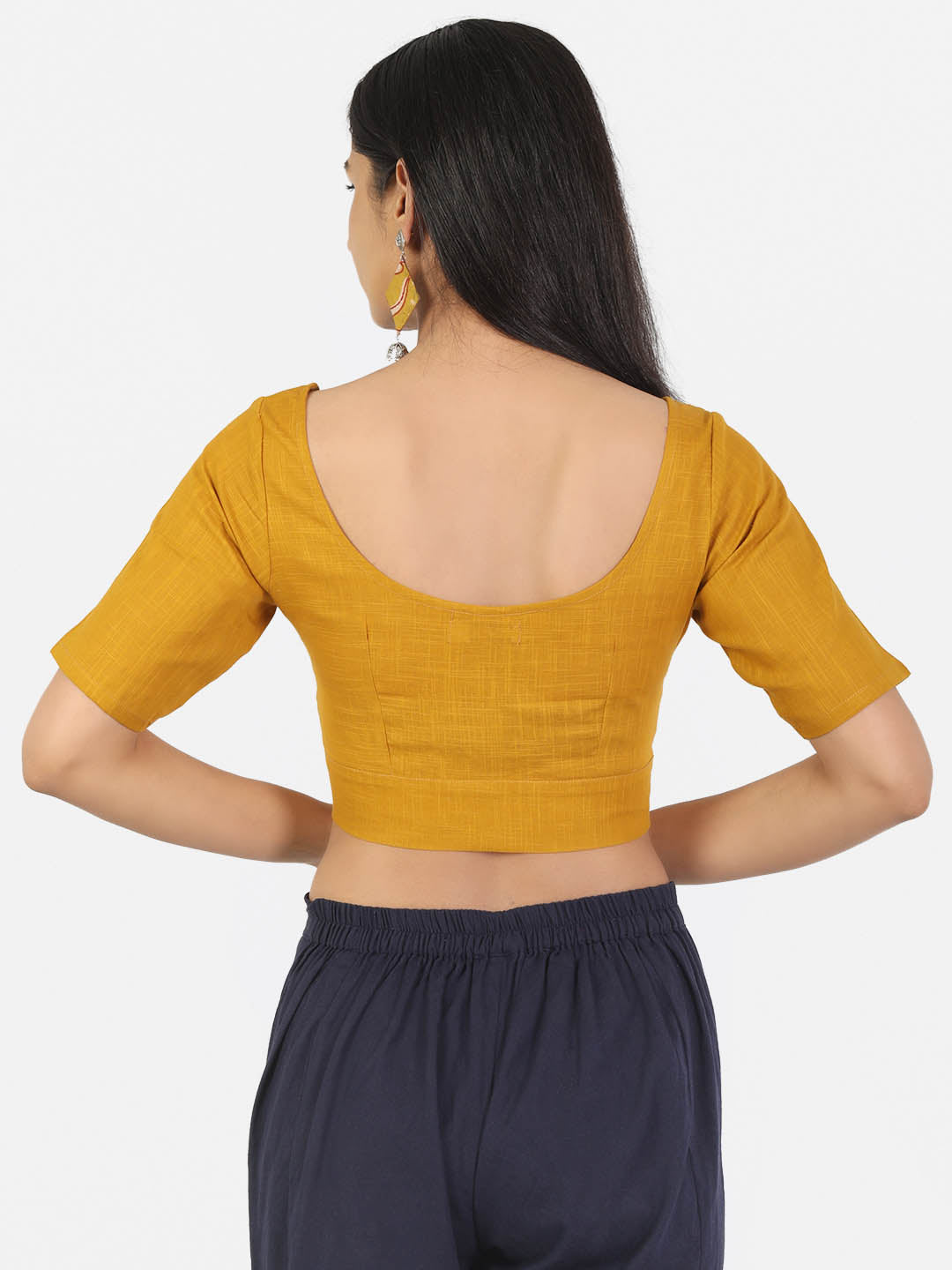 Women Solid Mustard half Sleeve Round Neck Front Button Non Padded Saree Blouse