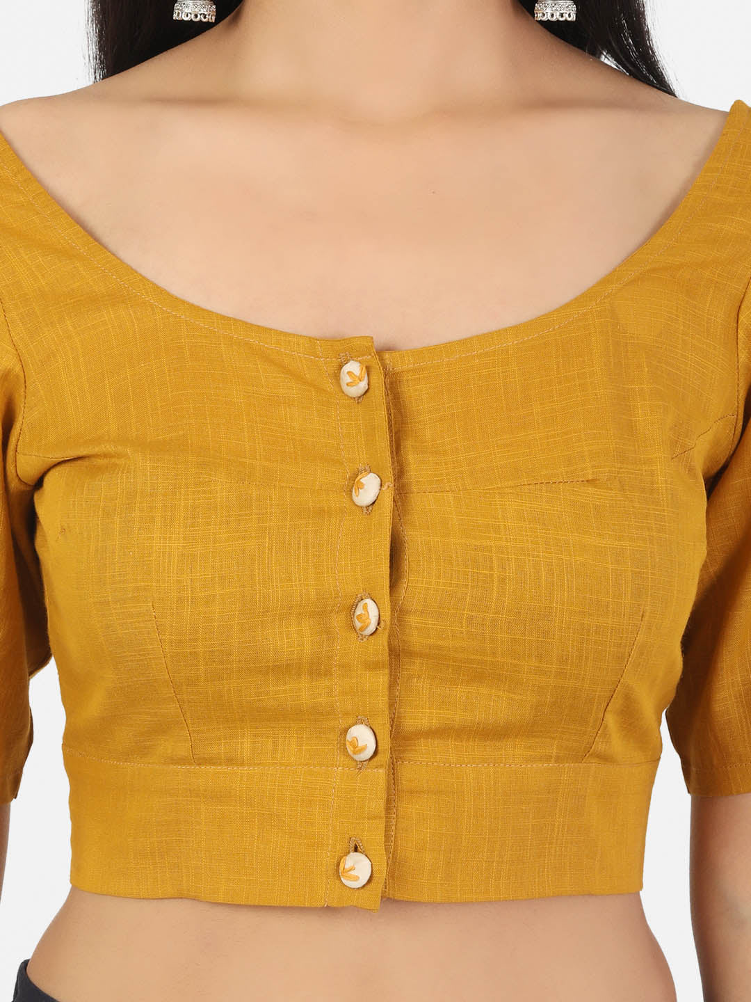 Women Solid Mustard half Sleeve Round Neck Front Button Non Padded Saree Blouse