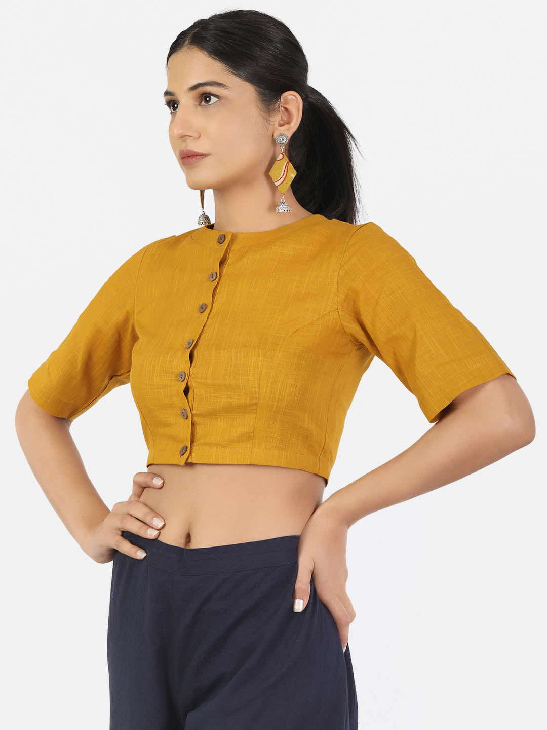Women Mustard Non Padded front Button Mandrin collar Saree Blouse