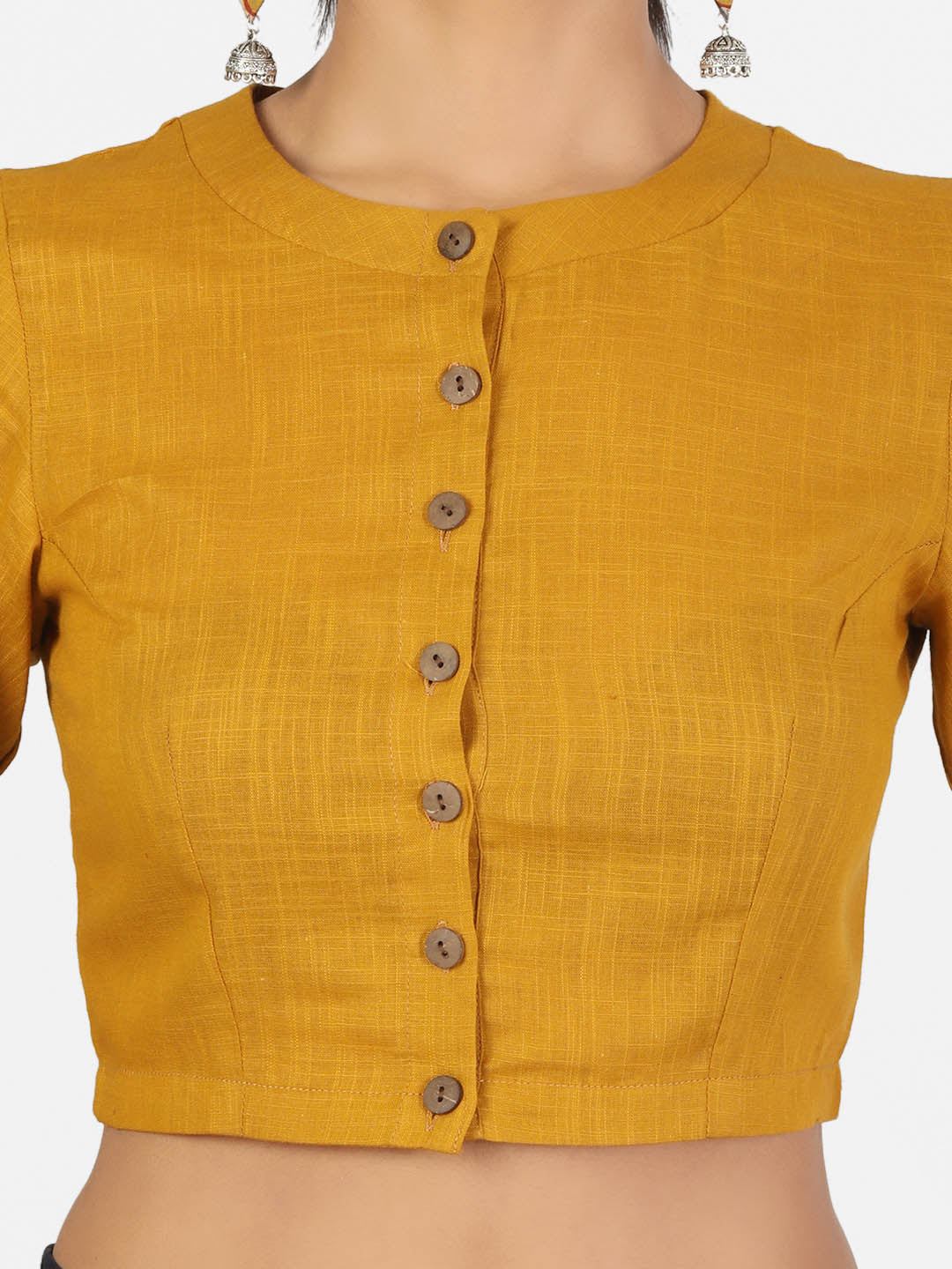 Women Mustard Non Padded front Button Mandrin collar Saree Blouse