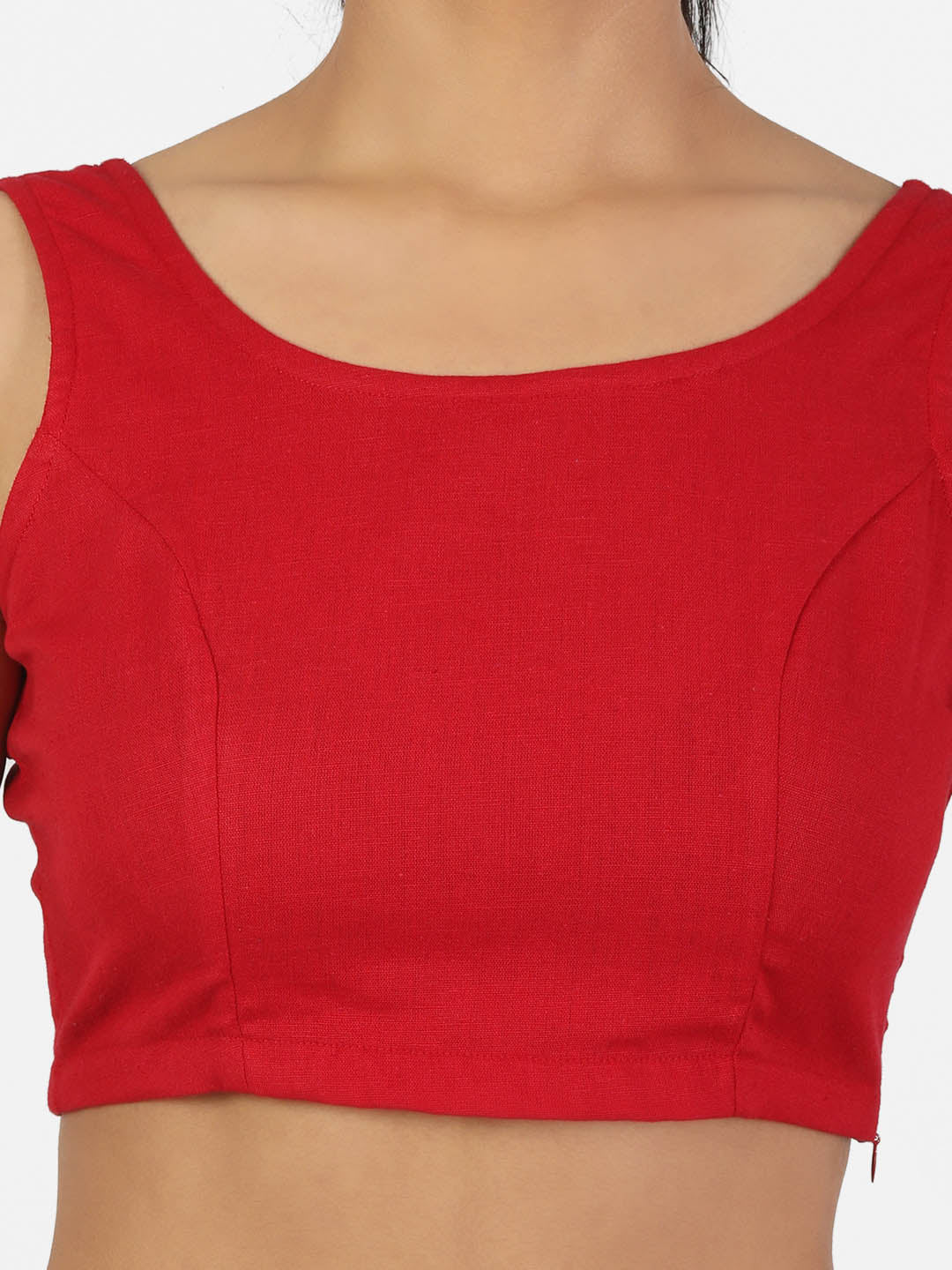 Women Red Non Padded Round Neck Sleeveless Blouse