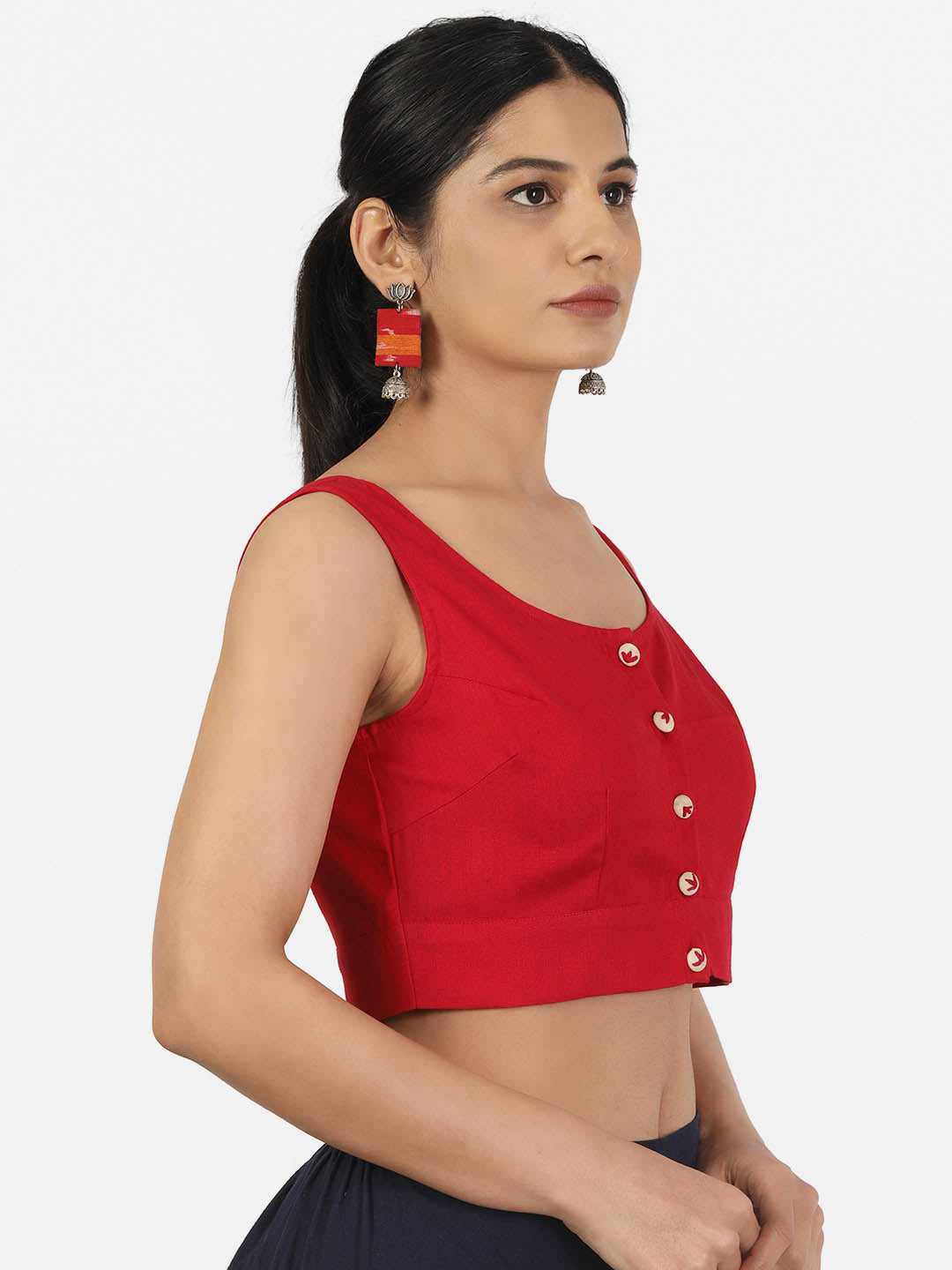Women Red Non Padded front Button Round Neck Sleeveless Saree Blouse