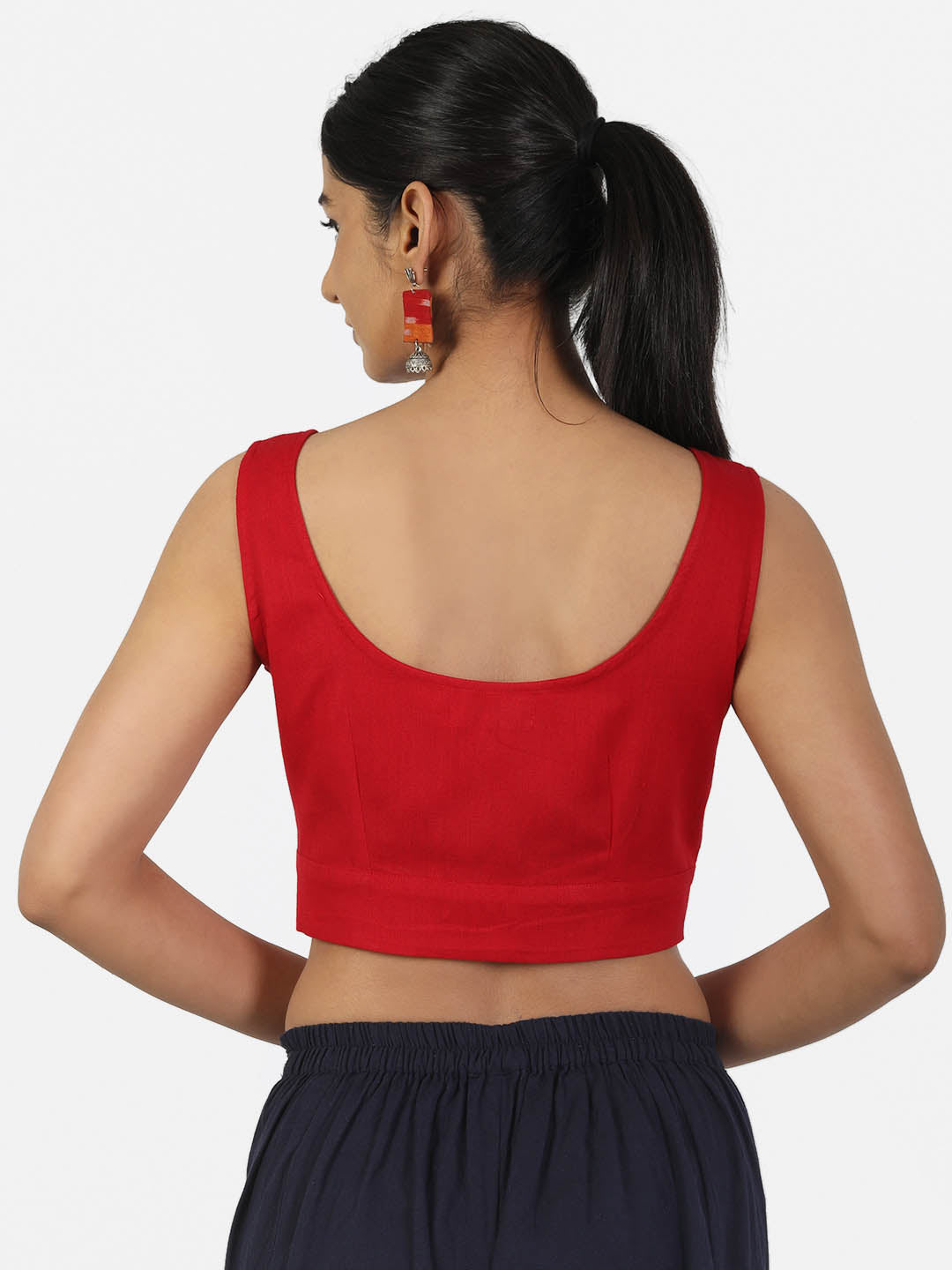 Women Red Non Padded front Button Round Neck Sleeveless Saree Blouse