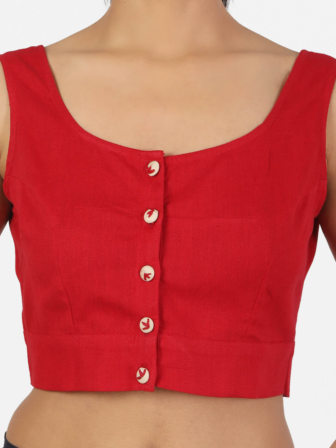 Women Red Non Padded front Button Round Neck Sleeveless Saree Blouse